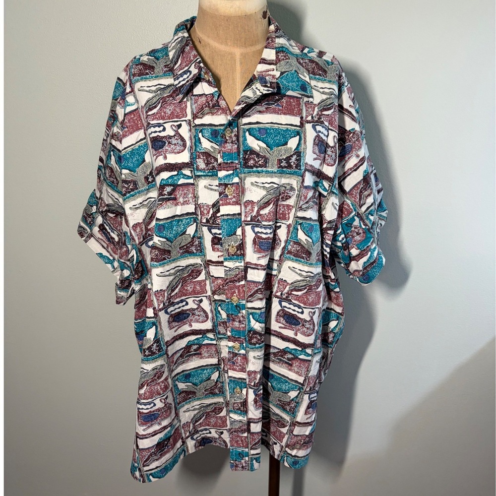 Vintage 90s Cooke Street Honolulu 2XL Artsy Whale Print Cotton Hawaiian Shirt